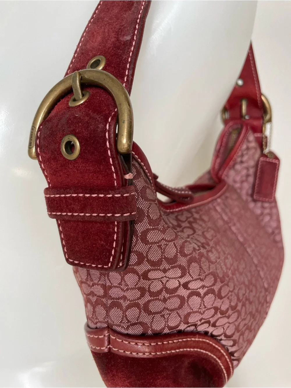 Vintage Coach Soho Mini Signature Hobo Bag Burgundy Canvas Suede Y2K 6351 - Picture 8 of 14